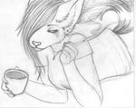  canine cigarette coffee cup eura female hair_over_eye mammal monochrome mug piercing sketch solo wolf 
