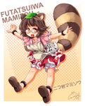  :d animal_ears bloomers bottle brown_eyes brown_hair character_name futatsuiwa_mamizou glasses leaf leaf_on_head open_mouth outstretched_arms pince-nez raccoon_ears raccoon_tail sake_bottle short_hair skirt smile solo spread_arms tail touhou underwear windart 