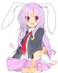  animal_ears blazer bunny_ears crescent dress_shirt highres jacket long_hair necktie pink_hair red_eyes red_neckwear reisen_udongein_inaba shirt skirt solo touhou tsukikusa 