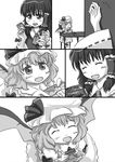  :d ^_^ ascot bat_wings box braid chair character_doll closed_eyes comic detached_sleeves fang greyscale hair_tubes hakurei_reimu hat kana_tako monochrome multiple_girls open_mouth remilia_scarlet silent_comic smile table teruterubouzu touhou twin_braids wings 