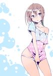  blue_eyes brown_hair d: dress_shirt highres legs off_shoulder open_mouth original panties panty_pull shirt underwear wadapen 