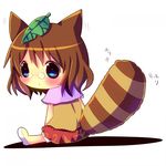  animal_ears blue_eyes blush brown_hair capelet chibi chocolat_(momoiro_piano) futatsuiwa_mamizou glasses leaf leaf_on_head pince-nez raccoon_ears raccoon_tail shirt sitting skirt solo tail tanuki touhou 