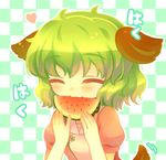  23_(candy_chapus) animal_ears closed_eyes dress eating food fruit green_hair heart holding holding_food holding_fruit kasodani_kyouko short_hair smile solo tail touhou watermelon 