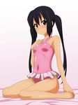  barefoot black_hair brown_eyes casual_one-piece_swimsuit highres image_sample k-on! nakano_azusa one-piece_swimsuit sitting solo sugimura_tomokazu swimsuit twintails wariza yandere_sample 
