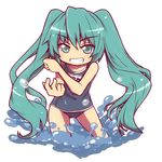  green_eyes green_hair grin hatsune_miku long_hair one-piece_swimsuit school_swimsuit smile solo swimsuit tom_(drpow) twintails very_long_hair vocaloid water 