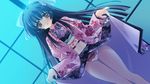  black_hair blush bow cube_(alma) dutch_angle game_cg hair_bow japanese_clothes kakyouin_kotone kimi_to_boku_to_eden_no_ringo kimono long_hair long_sleeves panties solo underwear yellow_eyes 