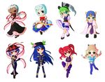  6+girls blonde_hair blue_hair cosplay double_bun enrico_pucci female green_hair hinanawi_tenshi johnny_joestar jojo_no_kimyou_na_bouken kujo_jolyne kuujou_jolyne long_hair looking_at_viewer moriya_suwako multiple_girls nagae_iku onozuka_komachi red_hair short_hair simple_background smile touhou twintails two-tone_hair very_long_hair weather_report white_background 