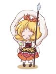  aki_minoriko animal_print bishamonten's_spear blonde_hair chibi closed_eyes cosplay food fruit hair_ornament holding holding_food holding_fruit inaba_(akane-jika) pear polearm ribbon shawl short_hair simple_background smile solo spear tiger_print toramaru_shou toramaru_shou_(cosplay) touhou weapon 