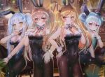  4girls animal_ears bangs bar bare_shoulders between_legs black_legwear black_leotard blue_leotard blurry blurry_background blush bow bowtie breasts brown_eyes brown_hair bunny_ears bunny_tail bunnygirl bunnysuit cleavage counter covered_navel detached_collar double_bun eyebrows_visible_through_hair fake_animal_ears g11_(girls_frontline) girls_frontline green_eyes green_leotard hair_between_eyes hair_ornament hair_tie hanato_(seonoaiko) hand_between_legs hand_on_hip hand_up hk416_(girls_frontline) indoors knee_up large_breasts leotard long_hair looking_at_viewer medium_breasts multiple_girls one_side_up open_mouth pantyhose scar scar_across_eye sidelocks silver_hair sitting small_breasts smile sparkle tagme_(character) tail twintails ump45_(girls_frontline) ump9_(girls_frontline) very_long_hair wrist_cuffs yellow_eyes 