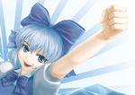  :d arm_up blue_eyes blue_hair bow bowtie cirno clenched_hand crystal hair_bow ice nazal open_mouth raised_fist short_hair smile solo touhou 
