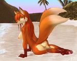  big_butt black_nose breasts butt canine female fox fur hair lizebra long_hair looking_back mammal multiple_tails nipples nude orange_fur orange_hair palm_tree pawpads paws red_hair seaside solo tail yellow_eyes 