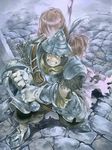  1girl adelbert_steiner armor back-to-back beatrix brown_hair brush_(medium) clenched_teeth color_ink_(medium) final_fantasy final_fantasy_ix hat issun_boushi_(ilmtkimoti) long_hair making_of save_the_queen sword teeth traditional_media watercolor_pencil_(medium) weapon 