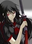  black_hair blood-c chain glasses highres katana kisaragi_saya long_hair red_eyes scabbard school_uniform sheath sheathed slit_pupils solo sword tarou_no_tsubuyaki twintails very_long_hair weapon 