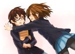  book brown_eyes brown_hair closed_eyes fukutarou_(enji127) glasses hirasawa_yui hug k-on! manabe_nodoka multiple_girls pantyhose school_uniform short_hair 