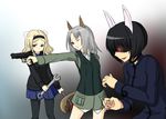  aleksandra_i_pokryshkin animal_ears bear_girl black_hair black_legwear blonde_hair blue_eyes brave_witches bunny_ears crowbar edytha_rossmann fox_ears glowing glowing_eyes grey_hair gun hairband long_hair michigan military military_uniform multiple_girls one_eye_closed open_mouth pantyhose shimohara_sadako short_hair skirt smile tail uniform weapon world_witches_series wrench 