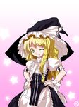  alphes_(style) blonde_hair braid curiosities_of_lotus_asia grin hands_on_hips hat kaoru_(gensou_yuugen-an) kirisame_marisa one_eye_closed parody smile solo style_parody touhou witch_hat yellow_eyes 