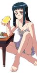  absurdres artist_request barefoot blue_hair eating face feet food highres legs long_hair neo_ranga official_art shimabara_yuuhi simple_background solo toast 