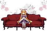  blonde_hair choker couch curiosities_of_lotus_asia detached_sleeves dress floral_background flower hat highres lolikari long_hair long_sleeves looking_at_viewer purple_dress purple_eyes ribbon_choker sitting smile solo touhou twintails yakumo_yukari yoshida_nishi younger 