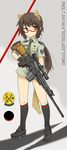  animal_ears bad_id bad_pixiv_id battle_rifle brown_hair commentary dakku_(ogitsune) glasses gloves gun holding holding_gun holding_weapon howa_type_64 rifle scope sniper_rifle solo strike_witches_1991 tail tie_clip trigger_discipline uniform weapon world_witches_series 