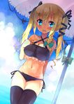  alternate_hairstyle bikini black_bikini black_legwear blonde_hair blue_eyes blue_sky blush cloud curvy day fang groin hair_ribbon hand_on_own_chest highres impossible_clothes kirisame_marisa lowleg lowleg_bikini navel open_mouth parasol ribbon sakurazari_hotori side-tie_bikini skindentation sky solo swimsuit thighhighs touhou twintails umbrella water 