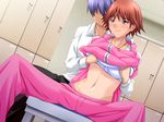  1boy 1girl breasts game_cg indoors locker lockers orange_hair sensei teacher 