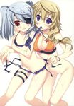  2girls absurdres assisted_exposure bikini bottomless breasts charlotte_dunois cleavage cum eyepatch female fujima_takuya highres infinite_stratos laura_bodewig mouth_hold multiple_girls simple_background standing swimsuit twintails undressing untying wet yuri 