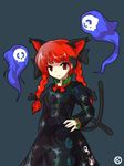  alphes_(style) animal_ears braid cat_ears cat_tail kaenbyou_rin kaoru_(gensou_yuugen-an) multiple_tails parody red_eyes red_hair ribbon solo style_parody tail touhou twin_braids twintails 