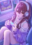  1girl absurdres brown_hair choker commentary computer controller energy_drink feet_on_chair full_body game_controller headset highres holding holding_controller holding_game_controller idolmaster idolmaster_shiny_colors keyboard_(computer) long_hair looking_at_viewer monitor off-shoulder_sweater off_shoulder on_chair open_mouth osaki_tenka playing_games shirt shorts simoumi_217 sitting sleeveless sleeveless_shirt smile solo sweater yellow_eyes 