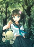  :o black_hair bob_cut creature dress flower forest grass green_eyes hair_flower hair_ornament nature necktie open_mouth original school_uniform short_hair solo surprised tree wide-eyed yakka 