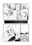  absurdres animal_ears bare_shoulders bruise check_translation comic detached_sleeves forest from_above futatsuki_hisame greyscale hat highres injury inubashiri_momiji monochrome moriya_suwako multiple_girls nature no_hat no_headwear sword tail tokin_hat touhou translated translation_request weapon wolf_ears wolf_tail 