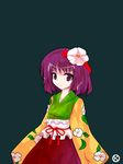  alphes_(style) flower hair_flower hair_ornament hieda_no_akyuu japanese_clothes kaoru_(gensou_yuugen-an) kimono parody purple_eyes purple_hair solo style_parody touhou 