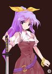  alphes_(style) belt bow bracelet hair_bow jewelry kaoru_(gensou_yuugen-an) long_hair parody ponytail purple_hair solo style_parody sword touhou watatsuki_no_yorihime weapon 