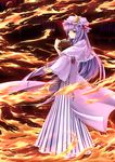  book bookshelf cloudy.r crescent dress fire flame hat highres library long_hair long_sleeves patchouli_knowledge purple_dress purple_eyes purple_hair pyrokinesis solo touhou voile 