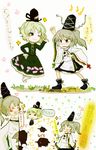  belt blonde_hair boots dress ghost ghost_tail grass green_hair grey_eyes grey_hair hat highres japanese_clothes katari mononobe_no_futo multiple_girls ofuda one_eye_closed open_mouth ponytail porcupine short_hair smile soga_no_tojiko text_focus touhou 