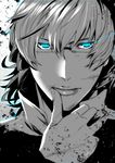  bad_id bad_pixiv_id banned_artist barnaby_brooks_jr blue_eyes face finger_to_mouth glasses glowing glowing_eyes male_focus monochrome portrait s_tanly solo spot_color tiger_&amp;_bunny 