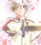  alternate_costume blonde_hair blue_eyes blurry depth_of_field hekicha kagamine_len looking_at_viewer male_focus petals solo sword vocaloid weapon zoom_layer 