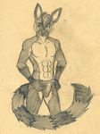  cacomistle cacomixtle looking_away male mammal monochrome muscles sepia solo speedo standing swimsuit topless tush underwear 