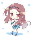  blush brown_eyes brown_hair chibi fang hairband idolmaster idolmaster_(classic) komi_zumiko long_hair looking_at_viewer minase_iori necktie open_mouth outstretched_arms pigeon-toed plaid plaid_skirt pleated_skirt rough_time_school skirt socks solo spread_arms 
