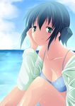  bikini blue_eyes blue_hair blush borijoikun chin_rest cloud collarbone day hidamari_sketch highres nori ocean short_hair sky solo swimsuit water wet 