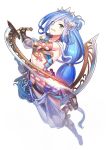  1girl :d aqua_eyes armpit_crease bangs bare_shoulders blue_hair blush breasts brown_footwear collarbone dana_(ys) dual_wielding eyebrows_visible_through_hair full_body gauntlets hair_ornament hair_over_one_eye headgear highres holding holding_weapon leg_up long_hair looking_at_viewer low-tied_long_hair navel open_mouth revealing_clothes reverse_grip ririko_(zhuoyandesailaer) see-through shoes sidelocks simple_background small_breasts smile solo stomach sword thighs upper_teeth very_long_hair weapon white_background ys ys_viii_lacrimosa_of_dana 