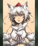  animal_ears bare_shoulders detached_sleeves face fang hands_on_hips harusame_(unmei_no_ikasumi) hat inubashiri_momiji looking_down raised_eyebrow red_eyes short_hair simple_background solo tokin_hat touhou upper_body wolf_ears 