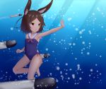  1girl absurdres air_bubble animal_ear_fluff animal_ears armpits azur_lane bare_arms bare_legs bare_shoulders barefoot blue_swimsuit breasts brown_eyes brown_hair bubble bunny_ears cameltoe commentary_request covered_navel dark_skin forehead highres i-26_(azur_lane) looking_away looking_to_the_side one-piece_swimsuit outstretched_arm parted_lips roido_(taniko-t-1218) sailor_collar small_breasts solo swimsuit torpedo underwater v-shaped_eyebrows water white_sailor_collar 