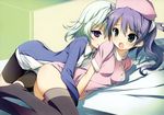  2girls bed bike_shorts kikuchi_seiji mayo_chiki! nurse thighhighs usami_masamune yuri 