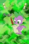  dragon english_text friendship_is_magic green_background green_eyes hasbro invalid_background male my_little_pony plain_background purple_scales quill scalie solo spike_(mlp) technojock text 
