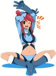  agemono blue_eyes blue_footwear boots crop_top fuuro_(pokemon) gloves gym_leader hair_ornament happy midriff navel one_eye_closed pink_hair pokemon pokemon_(game) pokemon_bw short_shorts shorts simple_background sitting smile solo white_background 