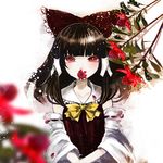  bow brown_hair detached_sleeves dress duca flower flower_in_mouth hair_bow hair_tubes hakurei_reimu red_dress red_eyes red_flower solo tears touhou 