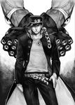  absurdres angry bad_id bad_pixiv_id belt chain clenched_hand clenched_hands gakuran glint gloves greyscale hand_on_hip hat highres icym jojo_no_kimyou_na_bouken kuujou_joutarou long_coat male_focus monochrome school_uniform solo stand_(jojo) star_platinum stardust_crusaders 