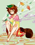  :q animal_ears bad_id bad_pixiv_id breasts brown_hair futatsuiwa_mamizou glasses large_breasts leaf raccoon_ears raccoon_tail sandals shimana_(cs-ts-az) sitting sketch skirt smile solo tail tongue tongue_out touhou yellow_eyes 