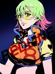  bad_id bad_pixiv_id breasts earrings goggles green_hair hair_ornament hairclip ikadako jewelry large_breasts lips midriff multicolored_hair pink_hair redline solo sonoshee_mclaren 