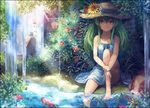  collarbone dog dress fish flower goldfish green_hair hat hat_flower matsumoto_mitsuaki original red_eyes sitting soaking_feet solo straw_hat sundress sunflower water 